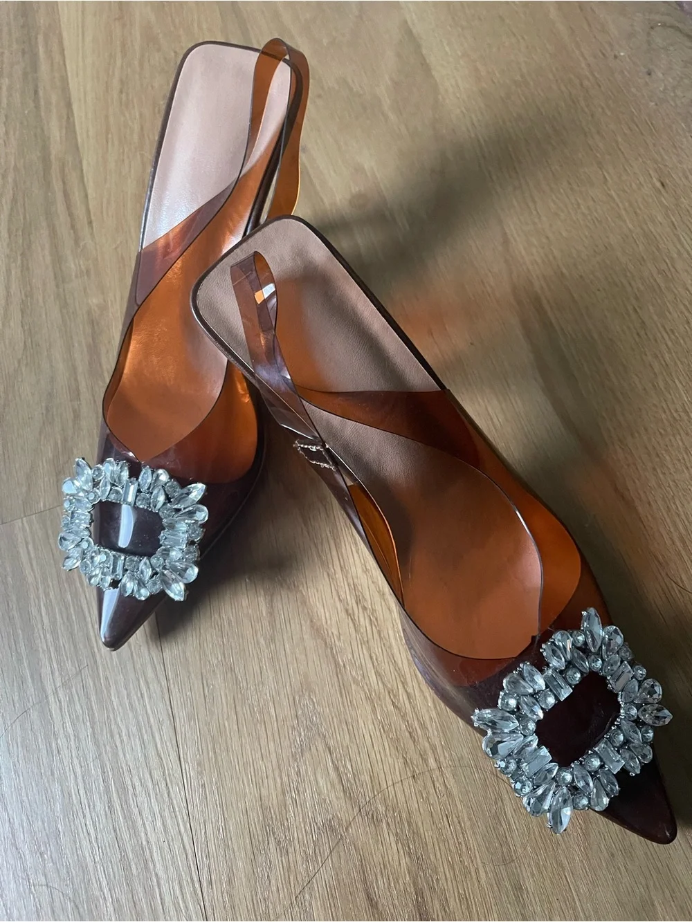 Brown Pointed-Toe Mid Heels with Crystal Buckle